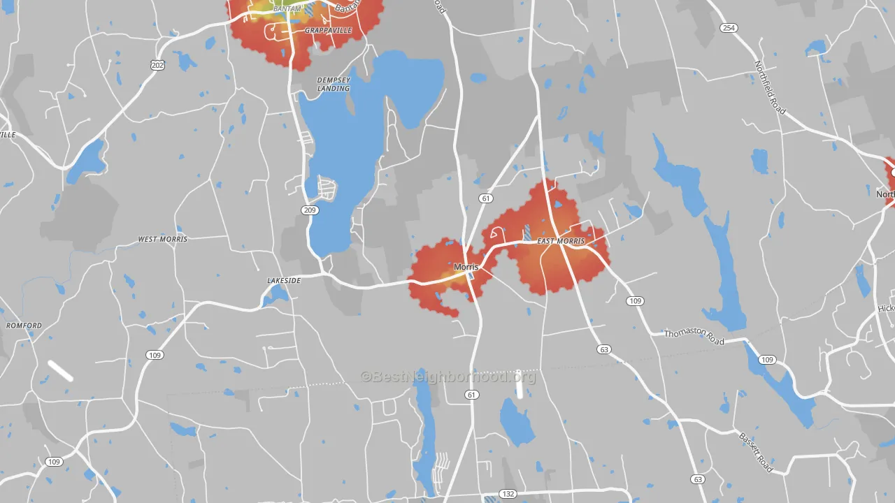 Walk Grade map of Morris, CT, walkable areas in green and car-dependent areas in red