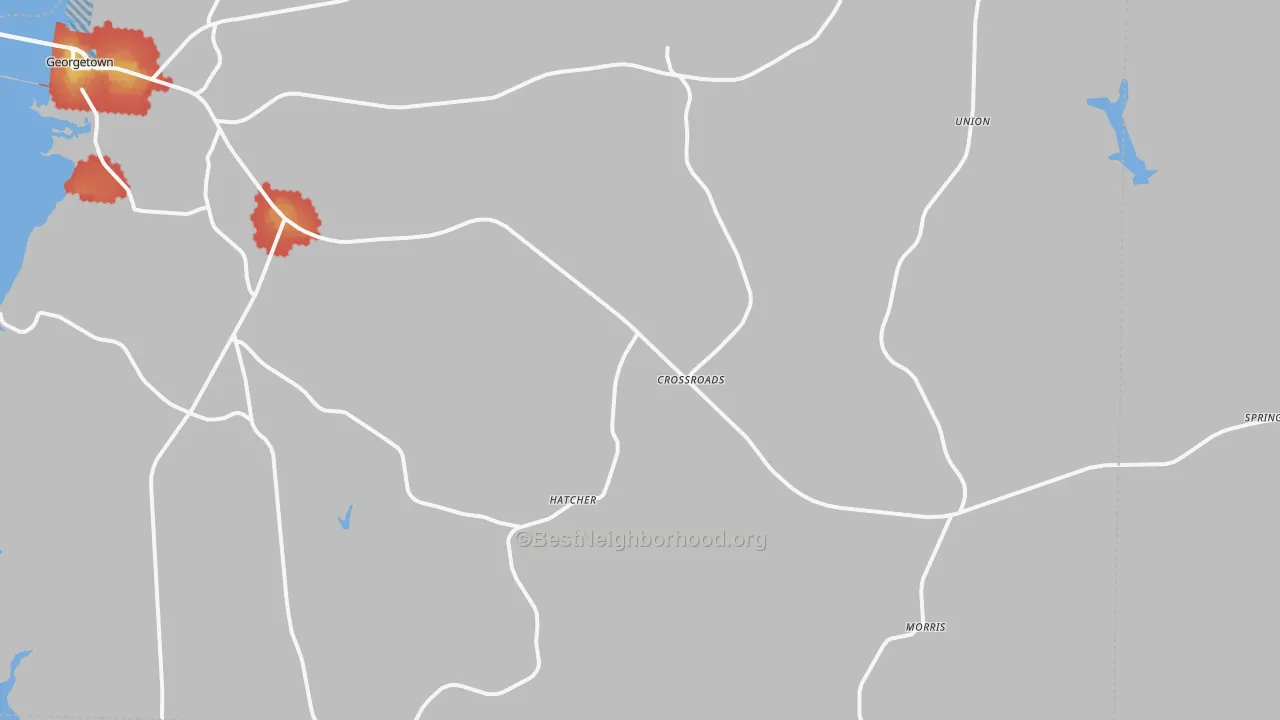 Walk Grade map of Morris, GA, walkable areas in green and car-dependent areas in red