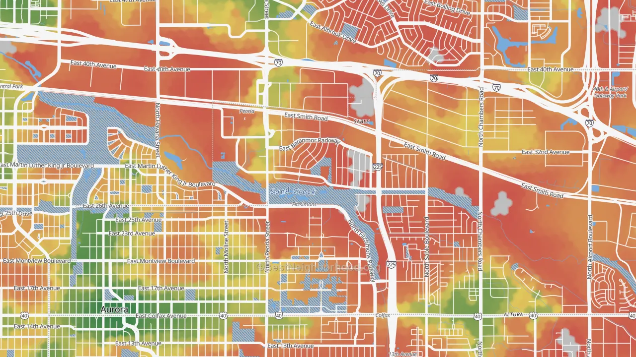 Walk Grade map of Morris Heights, Aurora, CO, walkable areas in green and car-dependent areas in red