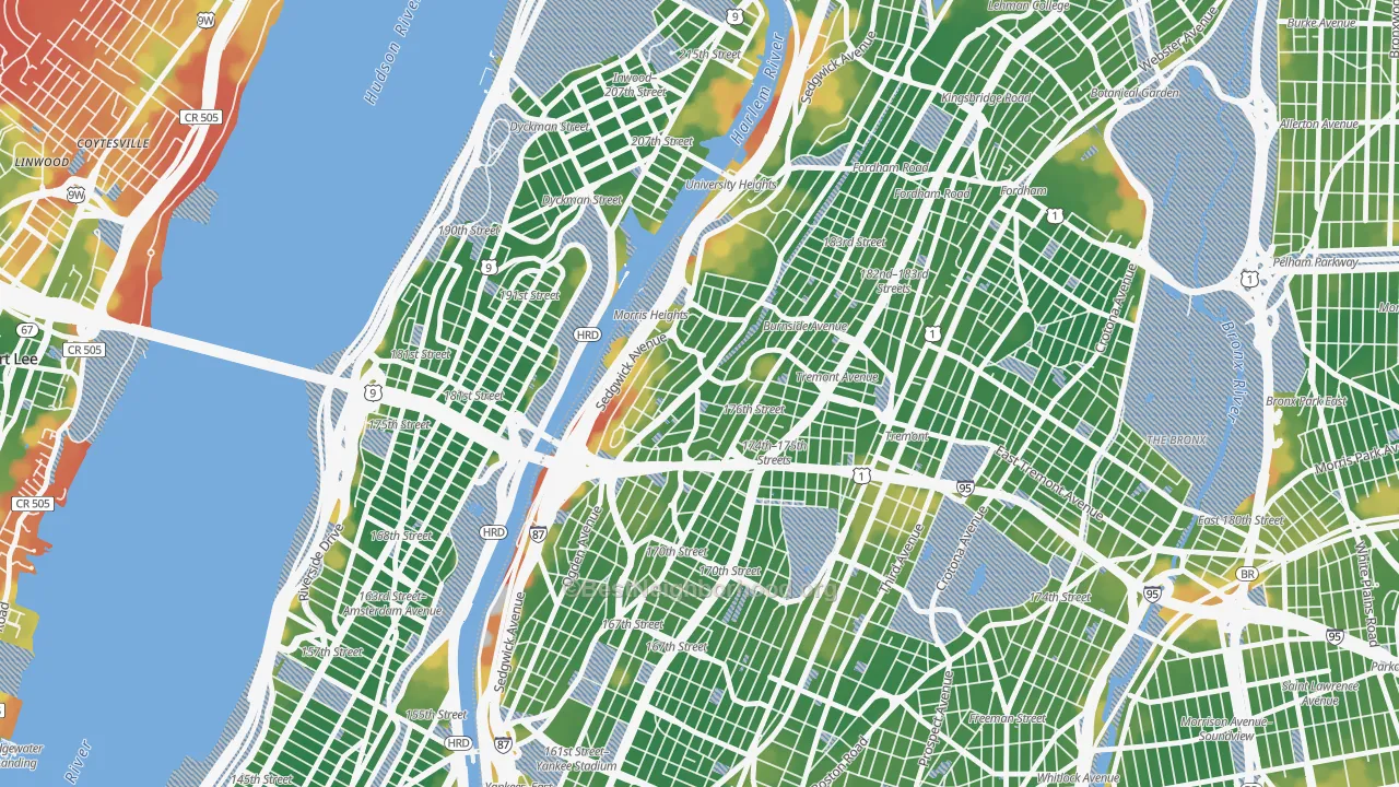 Walk Grade map of Morris Heights, Bronx, NY, walkable areas in green and car-dependent areas in red