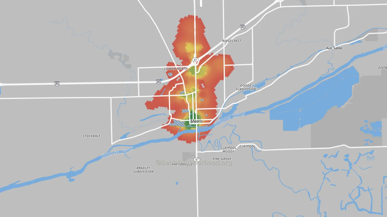 Walk Grade map of Morris, IL, walkable areas in green and car-dependent areas in red