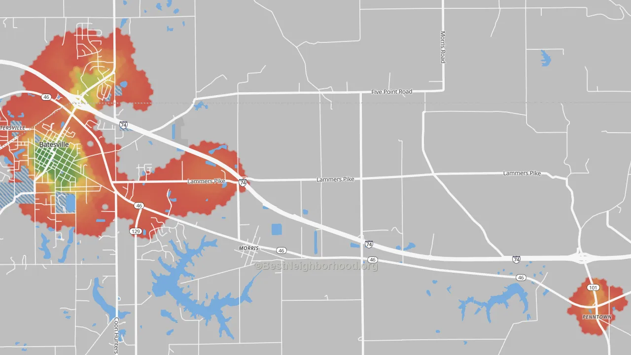 Walk Grade map of Morris, IN, walkable areas in green and car-dependent areas in red
