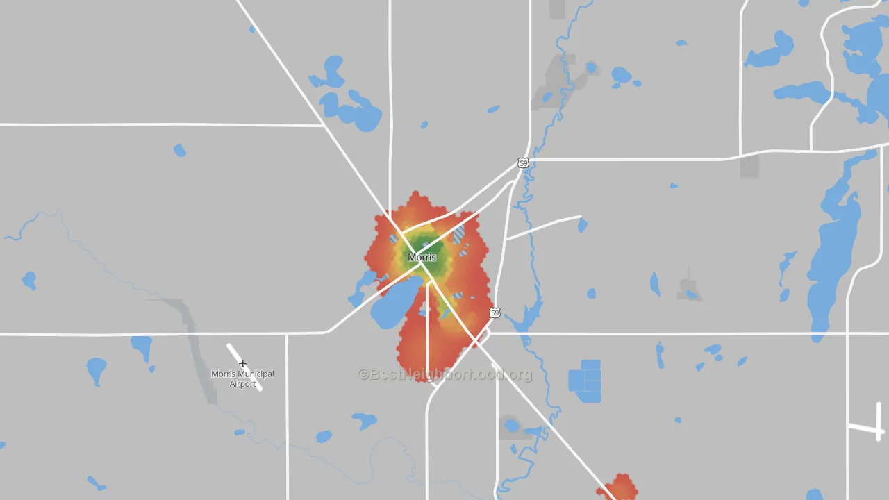 Walk Grade map of Morris, MN, walkable areas in green and car-dependent areas in red