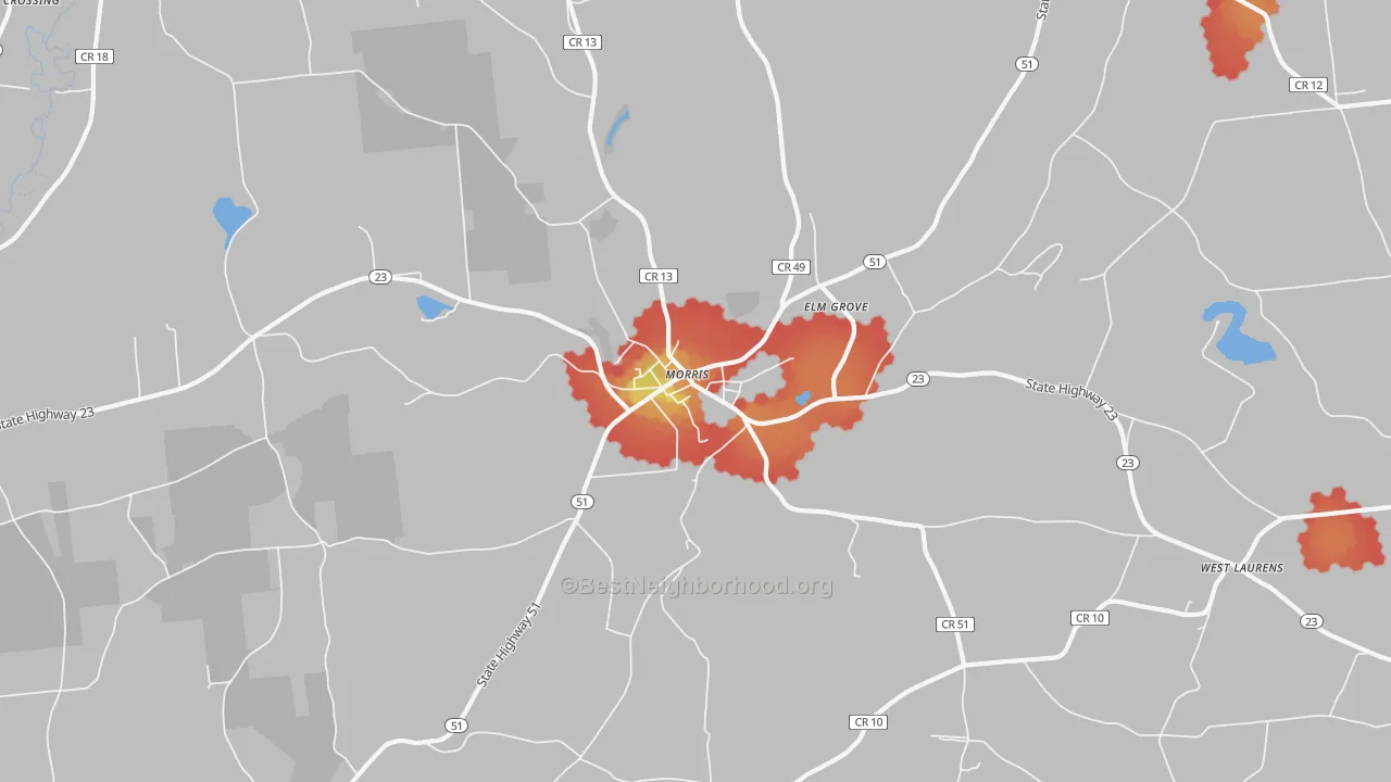 Walk Grade map of Morris, NY, walkable areas in green and car-dependent areas in red