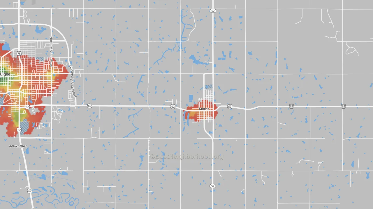 Walk Grade map of Morris, OK, walkable areas in green and car-dependent areas in red