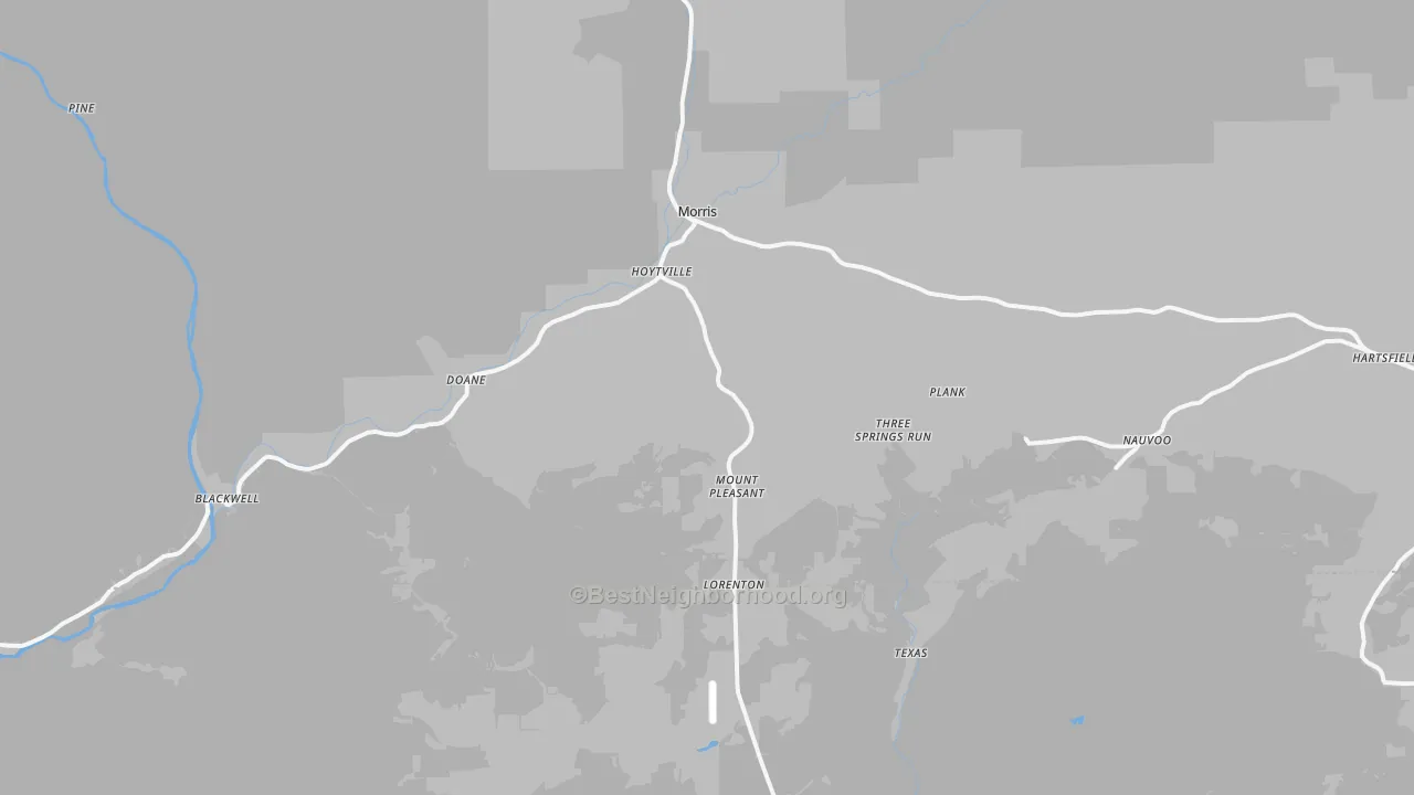 Walk Grade map of Morris, PA, walkable areas in green and car-dependent areas in red