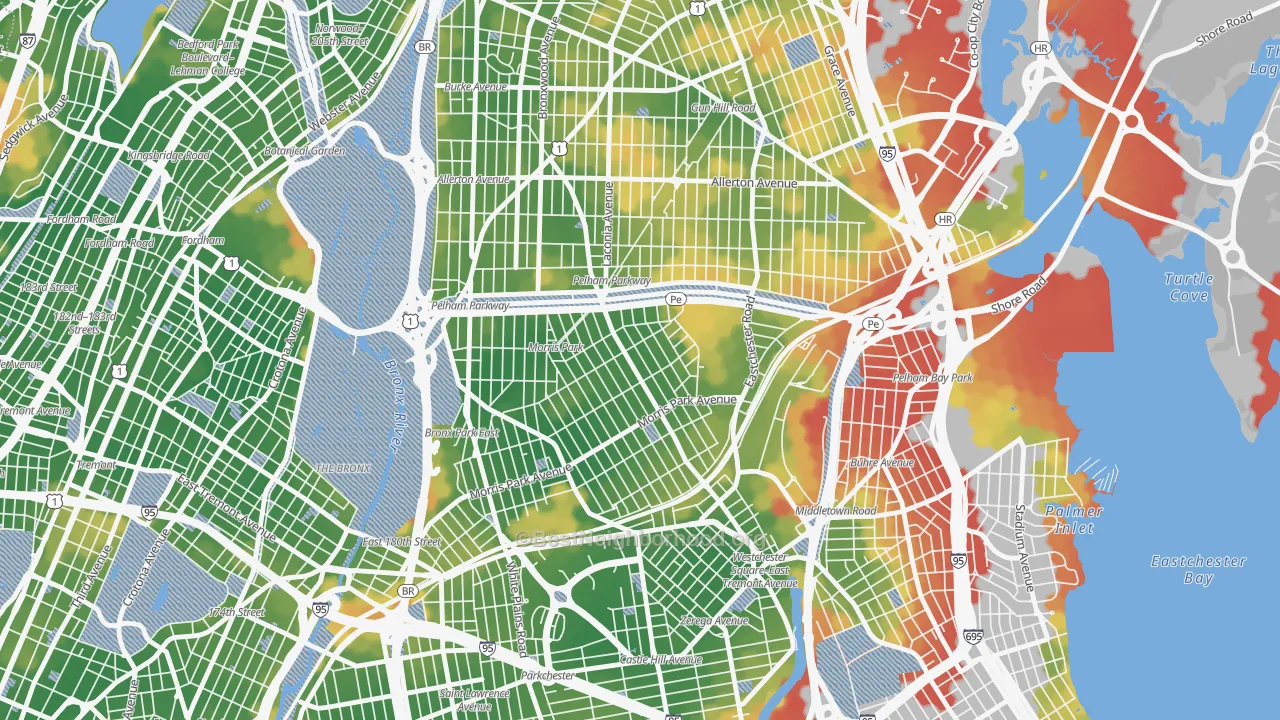 Walk Grade map of Morris Park, Bronx, NY, walkable areas in green and car-dependent areas in red