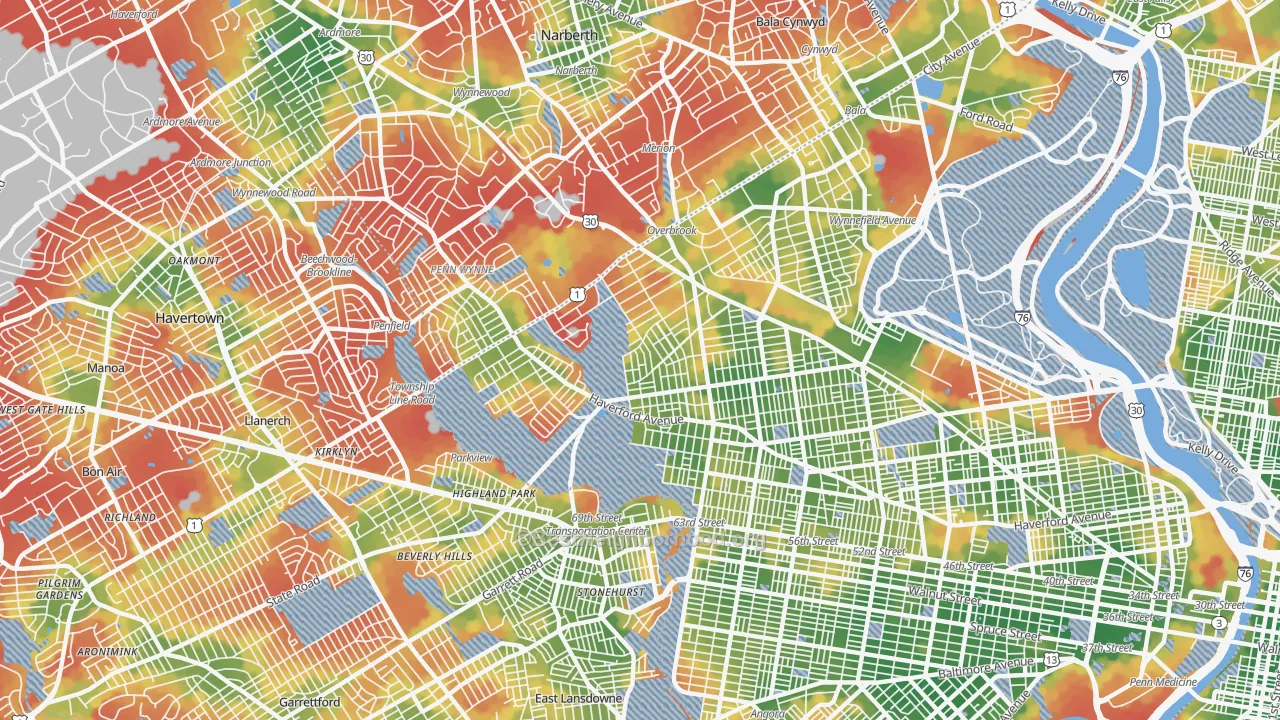 Walk Grade map of Morris Park, Philadelphia, PA, walkable areas in green and car-dependent areas in red