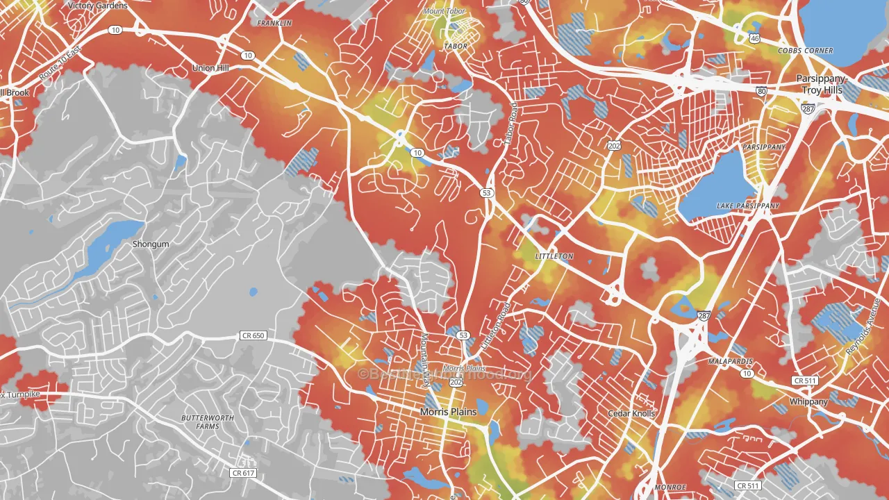 Walk Grade map of Morris Plains, NJ, walkable areas in green and car-dependent areas in red
