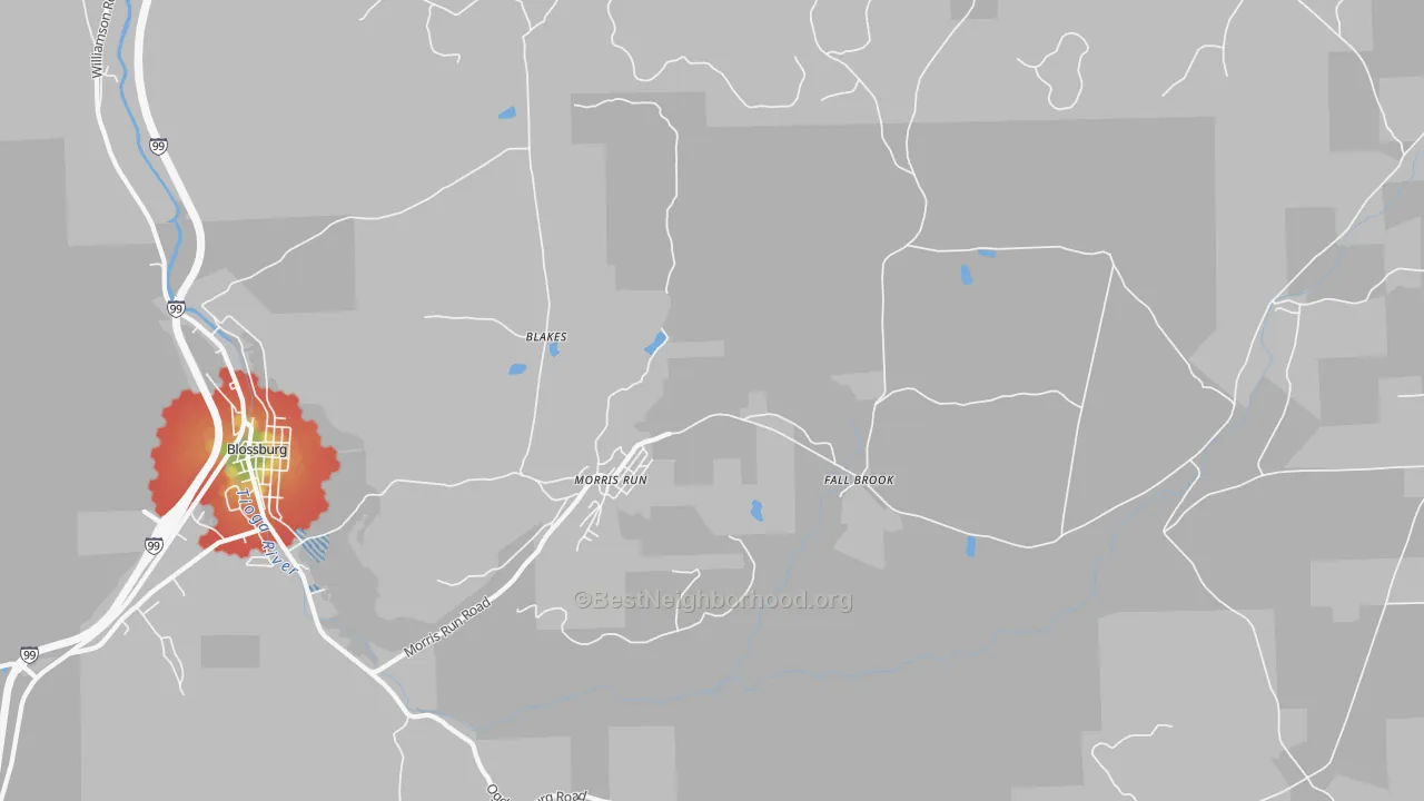 Walk Grade map of Morris Run, PA, walkable areas in green and car-dependent areas in red