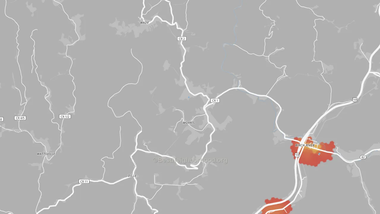 Walk Grade map of Morris, WV, walkable areas in green and car-dependent areas in red