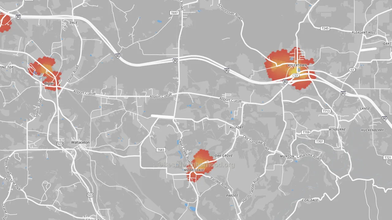 Walk Grade map of Morrisdale, PA, walkable areas in green and car-dependent areas in red