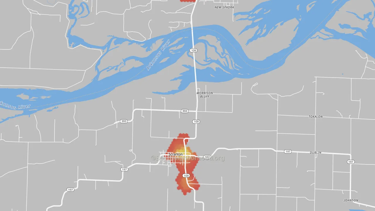 Walk Grade map of Morrison Bluff, AR, walkable areas in green and car-dependent areas in red