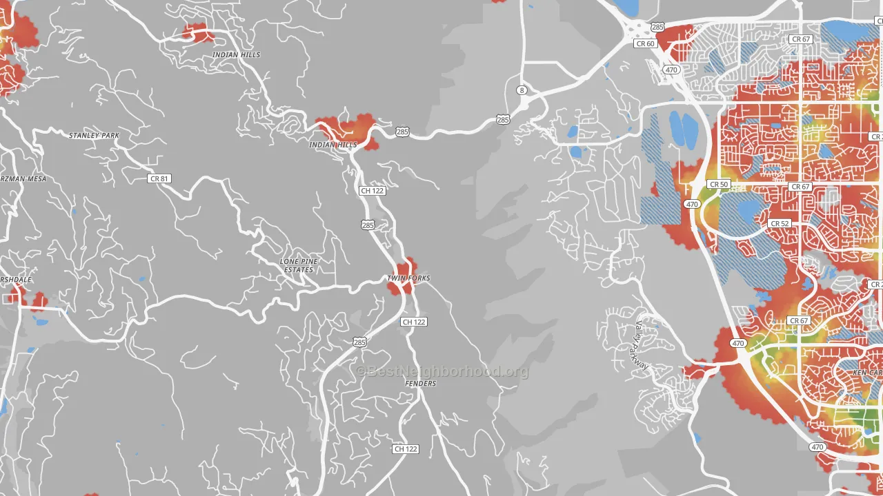 Walk Grade map of Morrison, CO, walkable areas in green and car-dependent areas in red