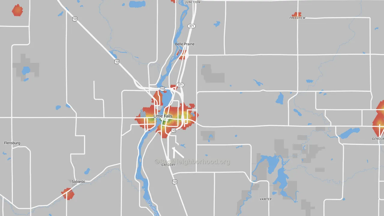 Walk Grade map of Morrison County, MN, walkable areas in green and car-dependent areas in red