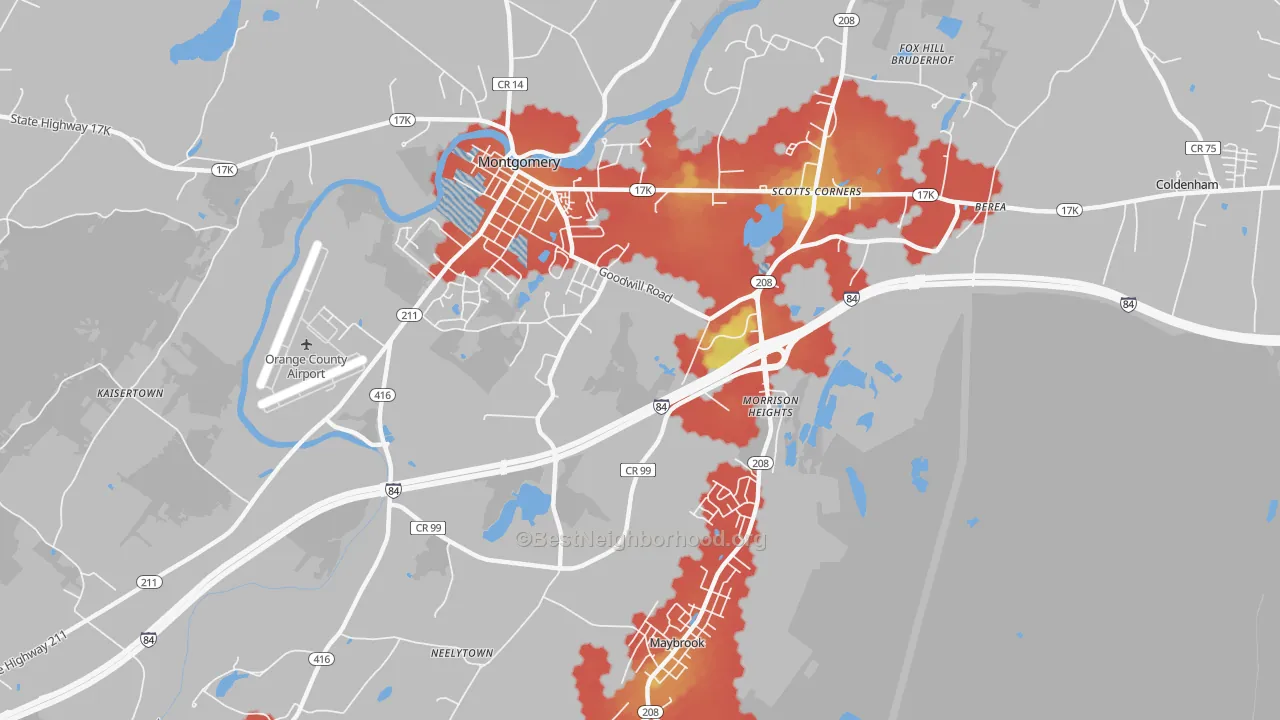 Walk Grade map of Morrison Heights, NY, walkable areas in green and car-dependent areas in red
