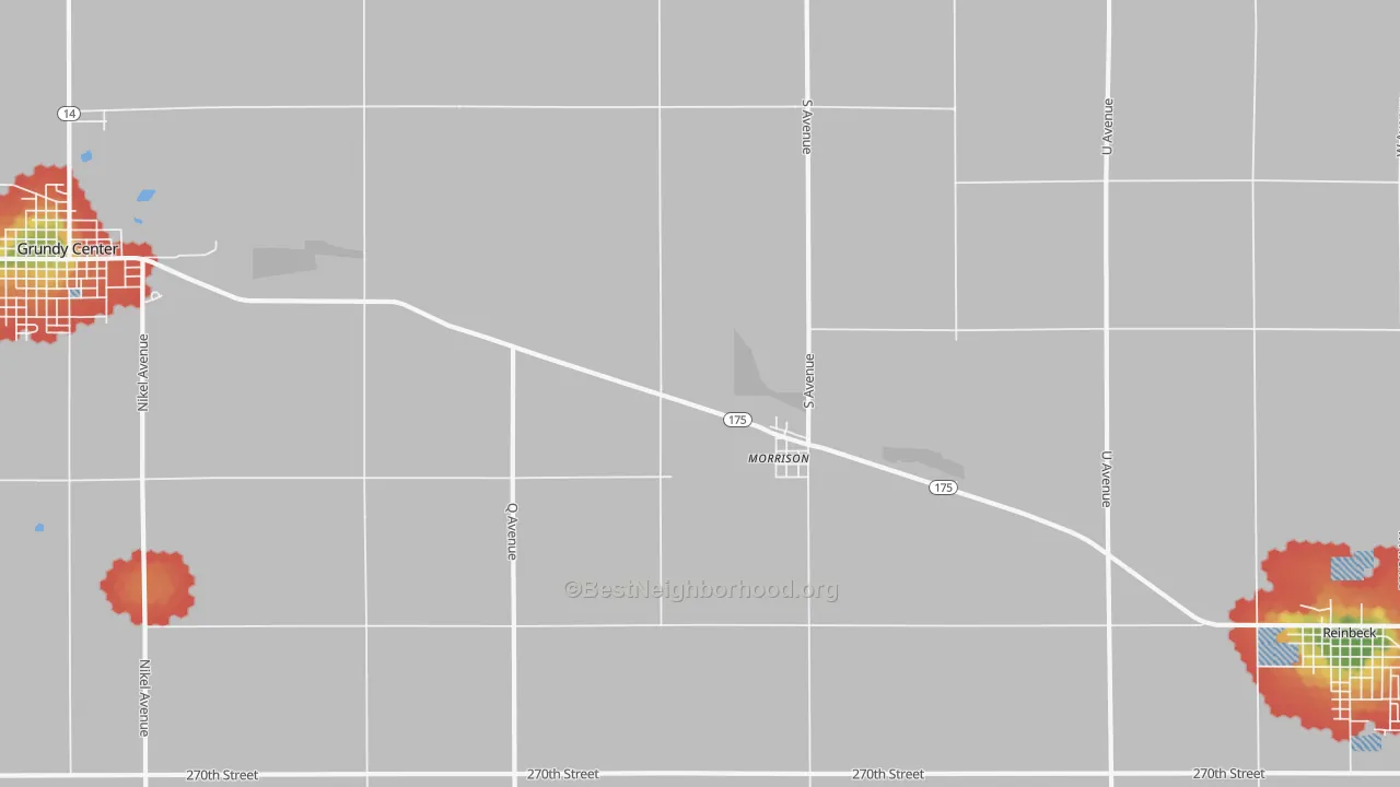 Walk Grade map of Morrison, IA, walkable areas in green and car-dependent areas in red