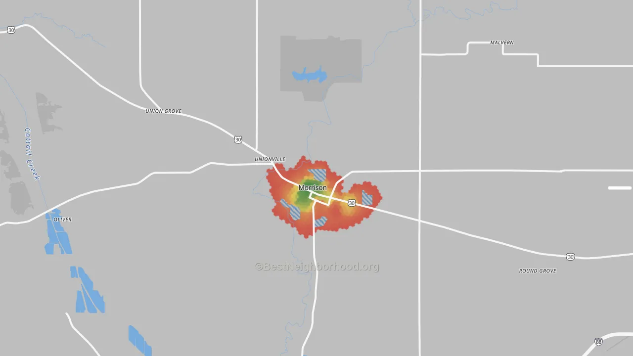 Walk Grade map of Morrison, IL, walkable areas in green and car-dependent areas in red