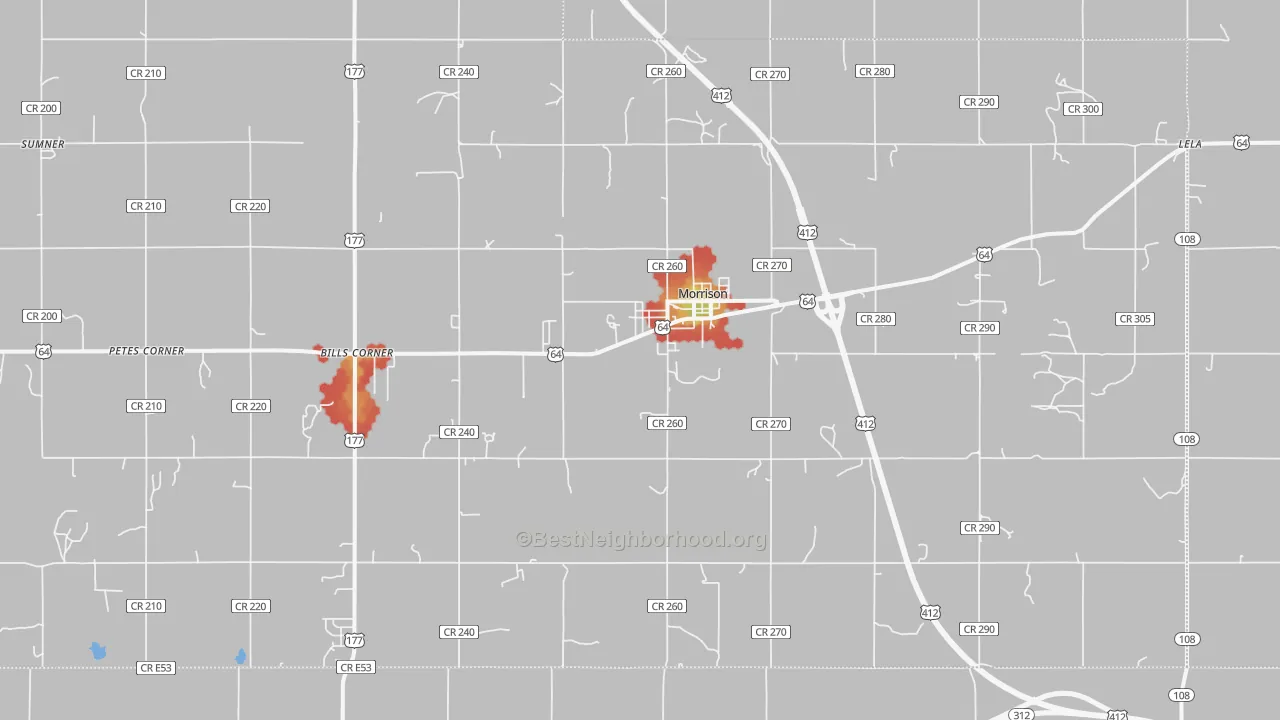 Walk Grade map of Morrison, OK, walkable areas in green and car-dependent areas in red