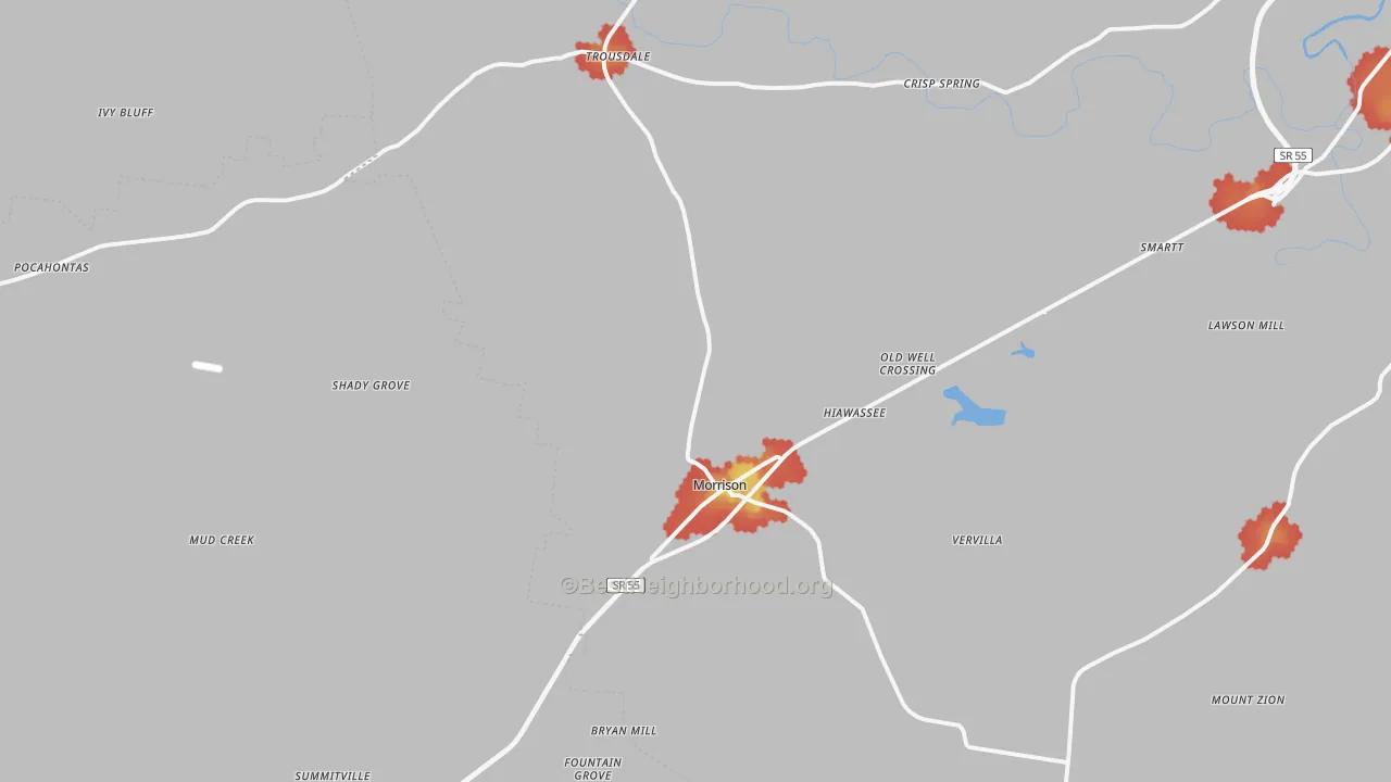 Walk Grade map of Morrison, TN, walkable areas in green and car-dependent areas in red