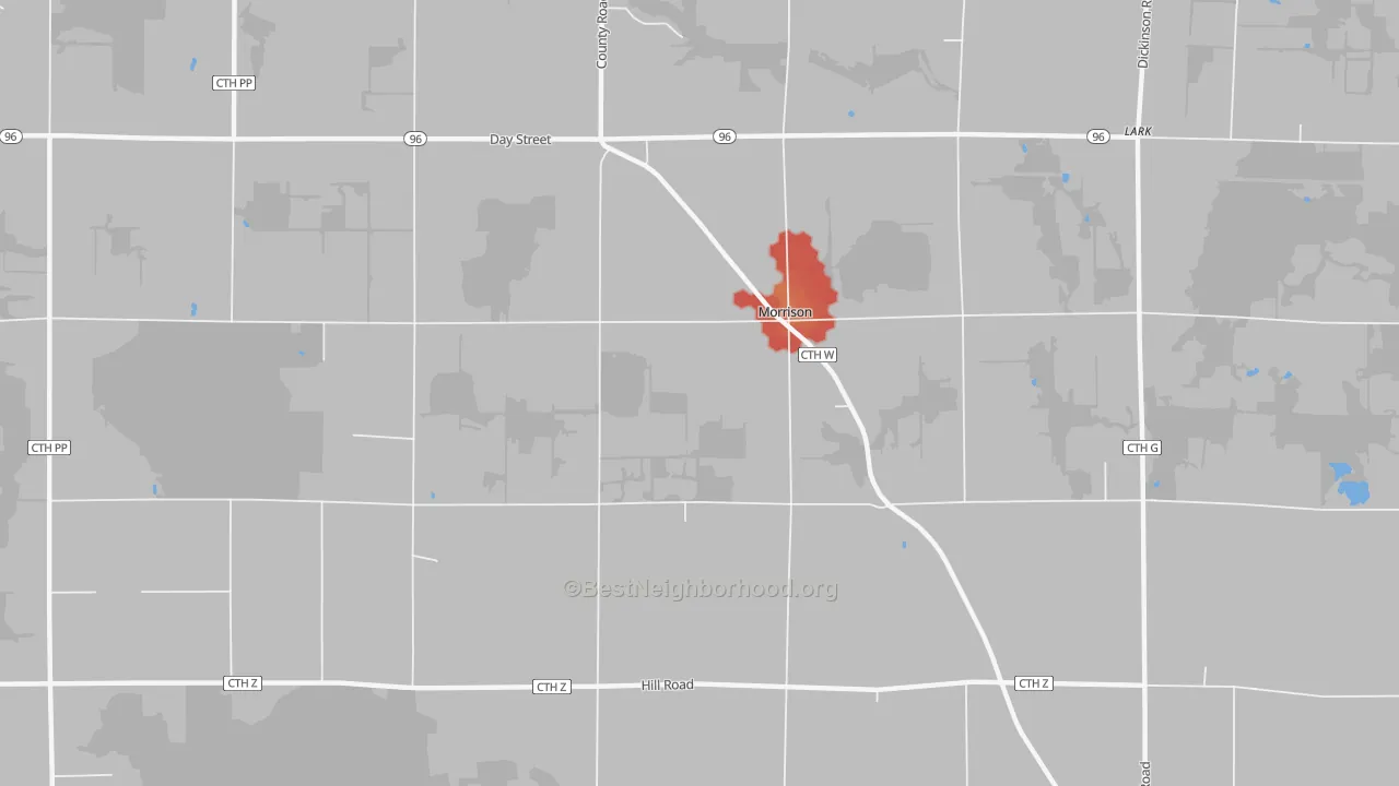 Walk Grade map of Morrison, WI, walkable areas in green and car-dependent areas in red