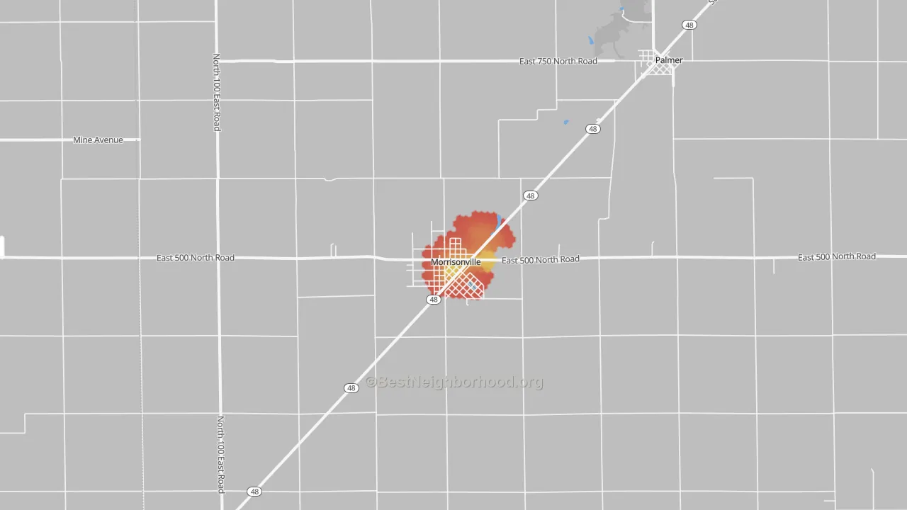 Walk Grade map of Morrisonville, IL, walkable areas in green and car-dependent areas in red