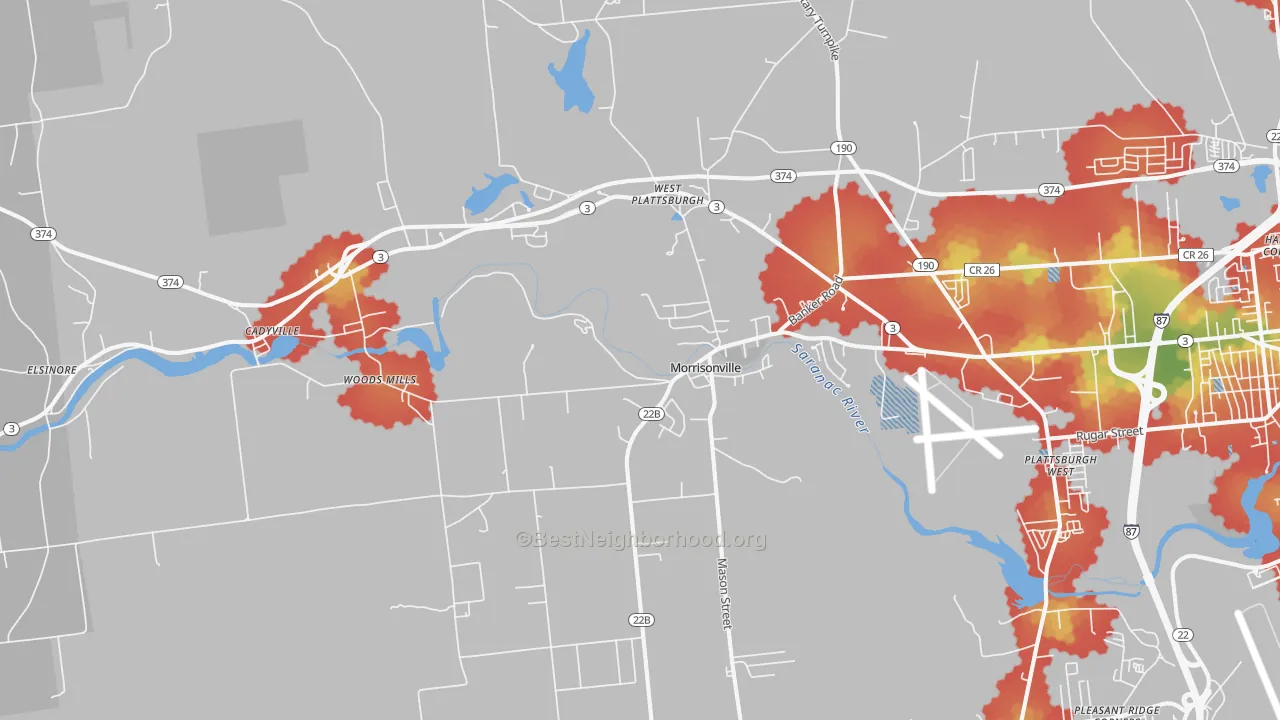 Walk Grade map of Morrisonville, NY, walkable areas in green and car-dependent areas in red