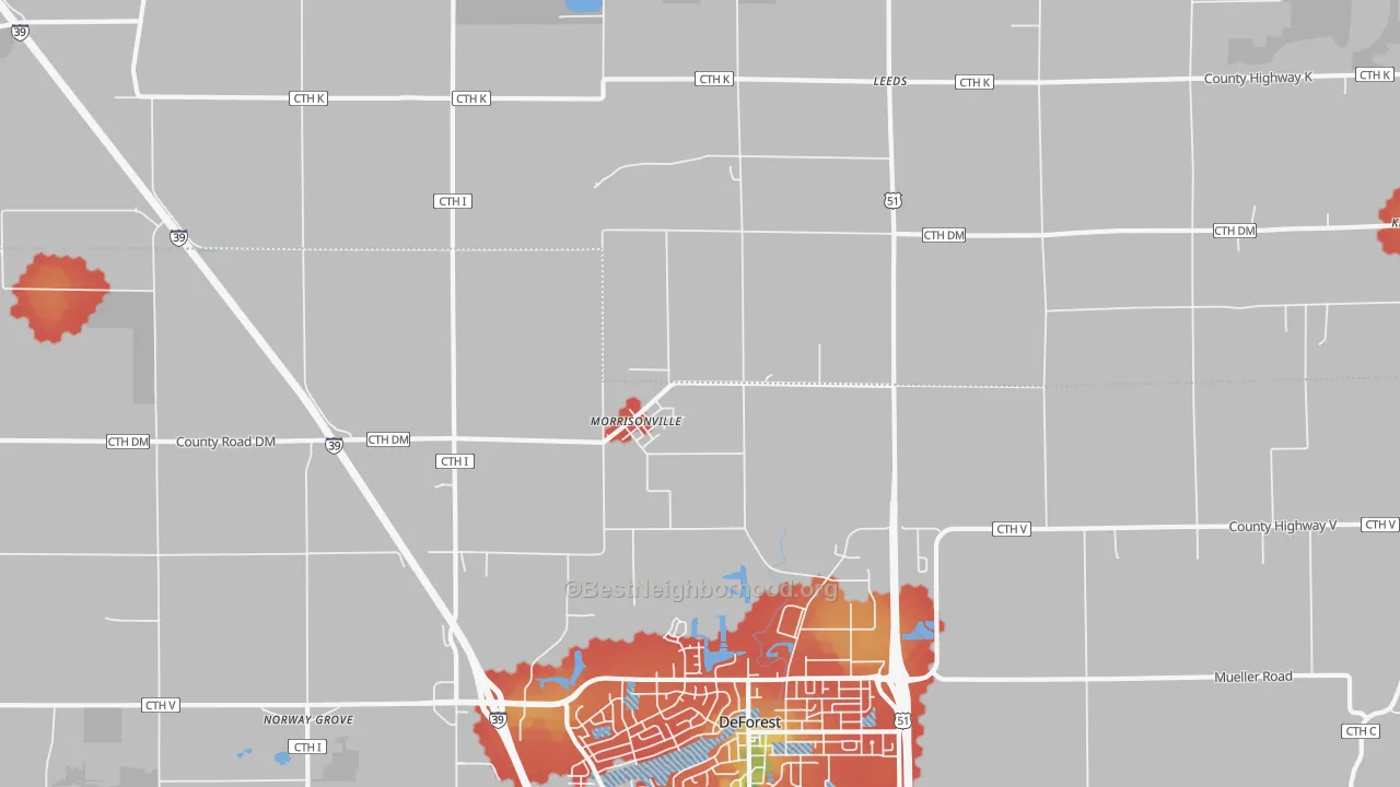 Walk Grade map of Morrisonville, WI, walkable areas in green and car-dependent areas in red