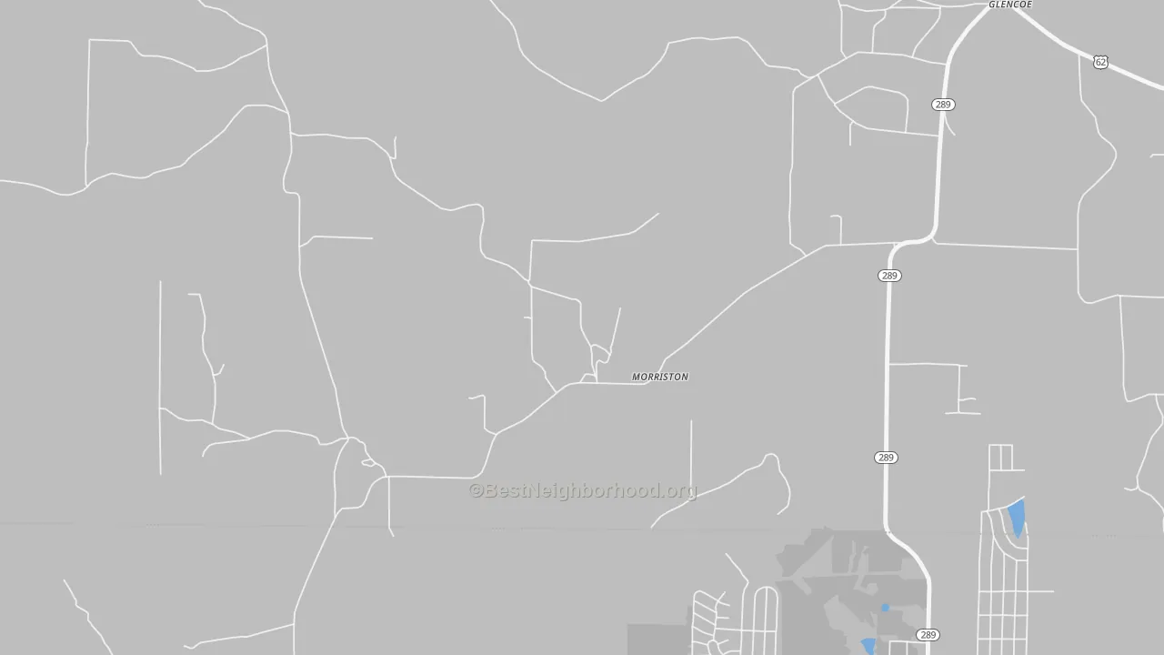 Walk Grade map of Morriston, AR, walkable areas in green and car-dependent areas in red