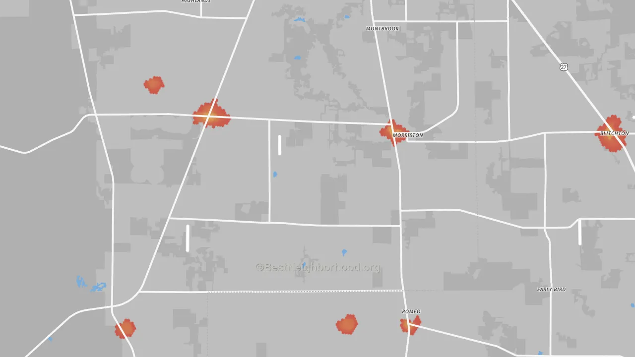 Walk Grade map of Morriston, FL, walkable areas in green and car-dependent areas in red