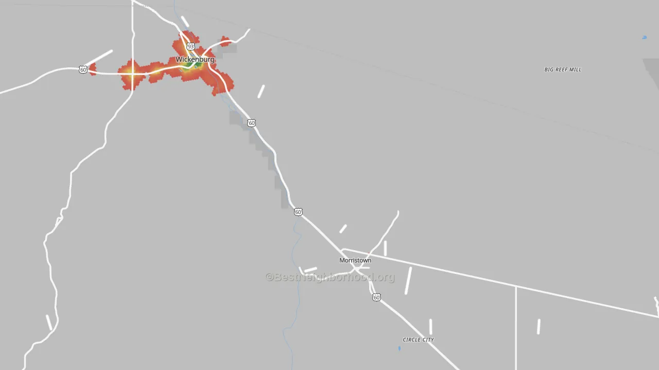 Walk Grade map of Morristown, AZ, walkable areas in green and car-dependent areas in red