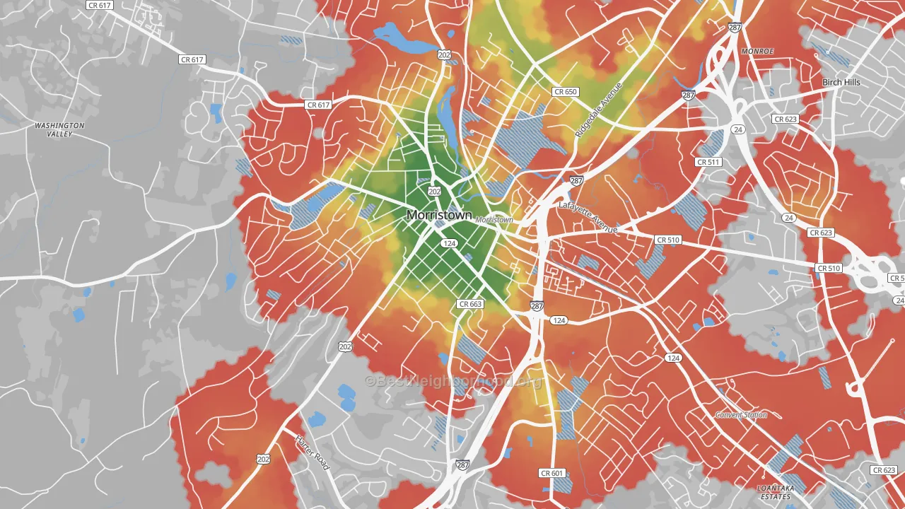 Walk Grade map of Morristown Historic District, Morristown, NJ, walkable areas in green and car-dependent areas in red