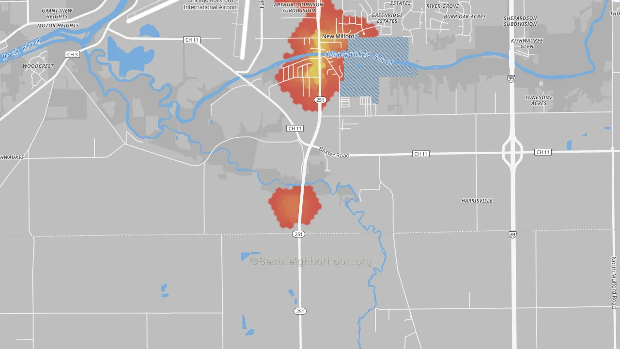 Walk Grade map of Morristown, IL, walkable areas in green and car-dependent areas in red