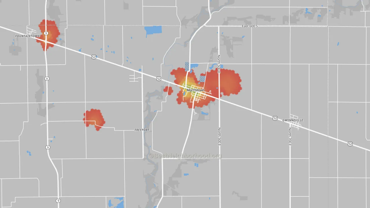 Walk Grade map of Morristown, IN, walkable areas in green and car-dependent areas in red
