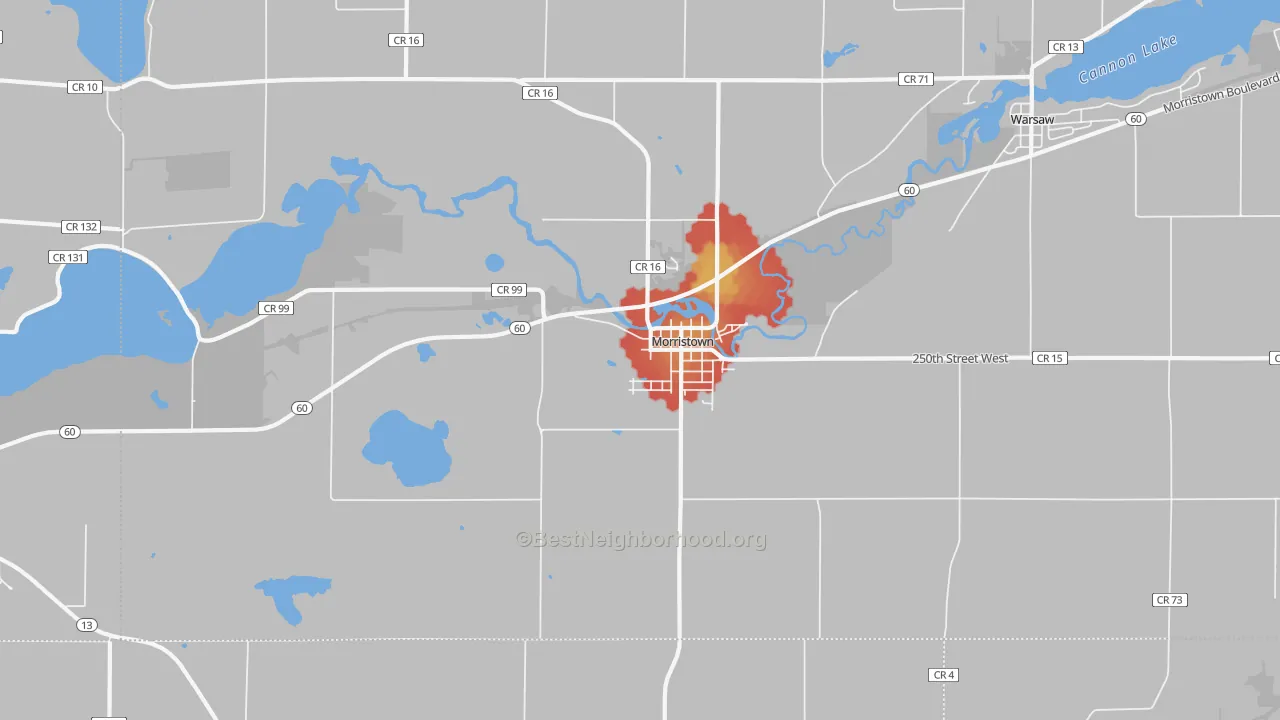 Walk Grade map of Morristown, MN, walkable areas in green and car-dependent areas in red