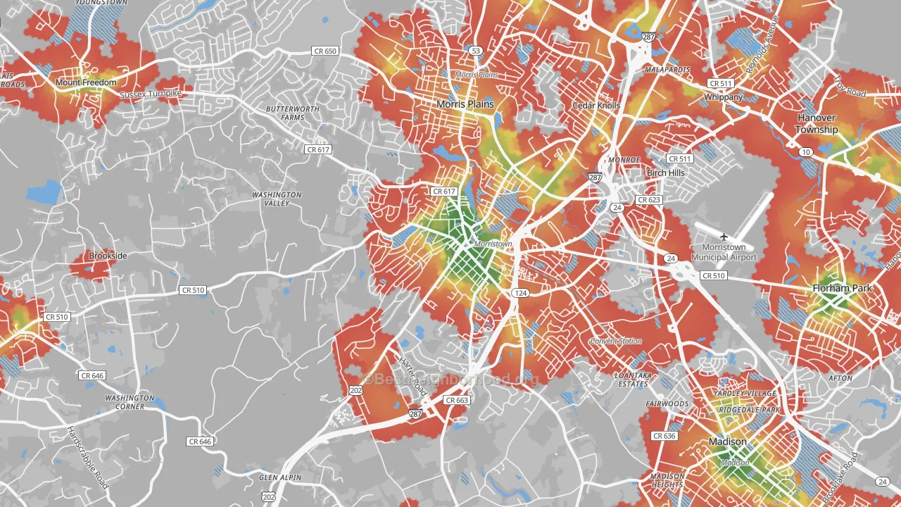 Walk Grade map of Morristown, NJ, walkable areas in green and car-dependent areas in red