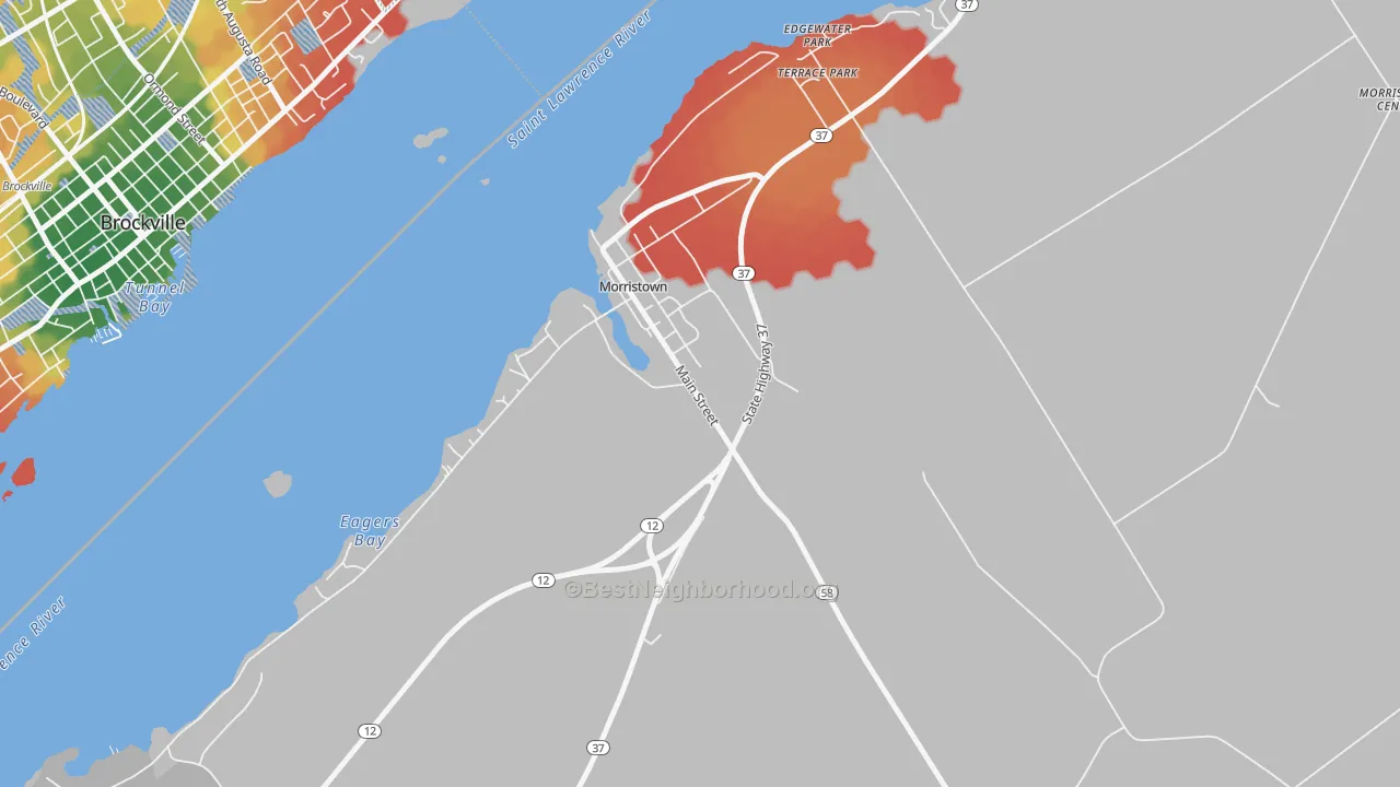 Walk Grade map of Morristown, NY, walkable areas in green and car-dependent areas in red