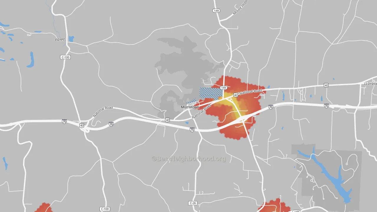 Walk Grade map of Morristown, OH, walkable areas in green and car-dependent areas in red