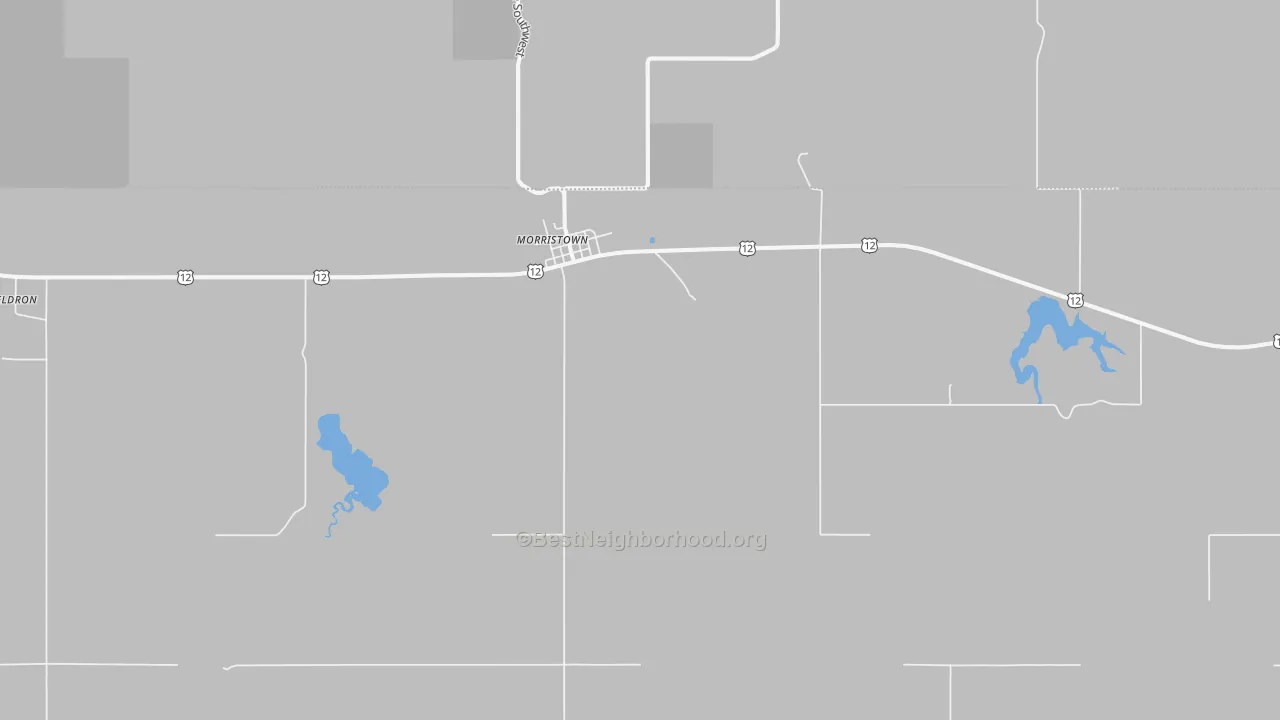 Walk Grade map of Morristown, SD, walkable areas in green and car-dependent areas in red