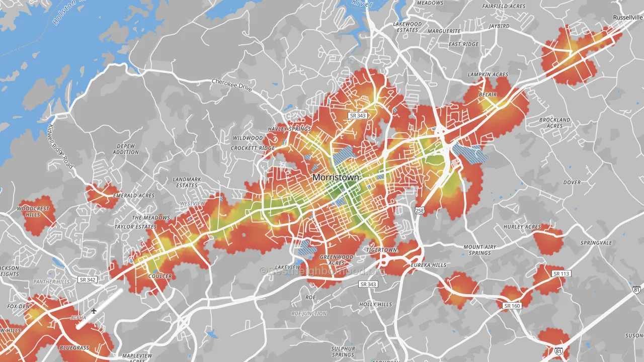 Walk Grade map of Morristown, TN, walkable areas in green and car-dependent areas in red