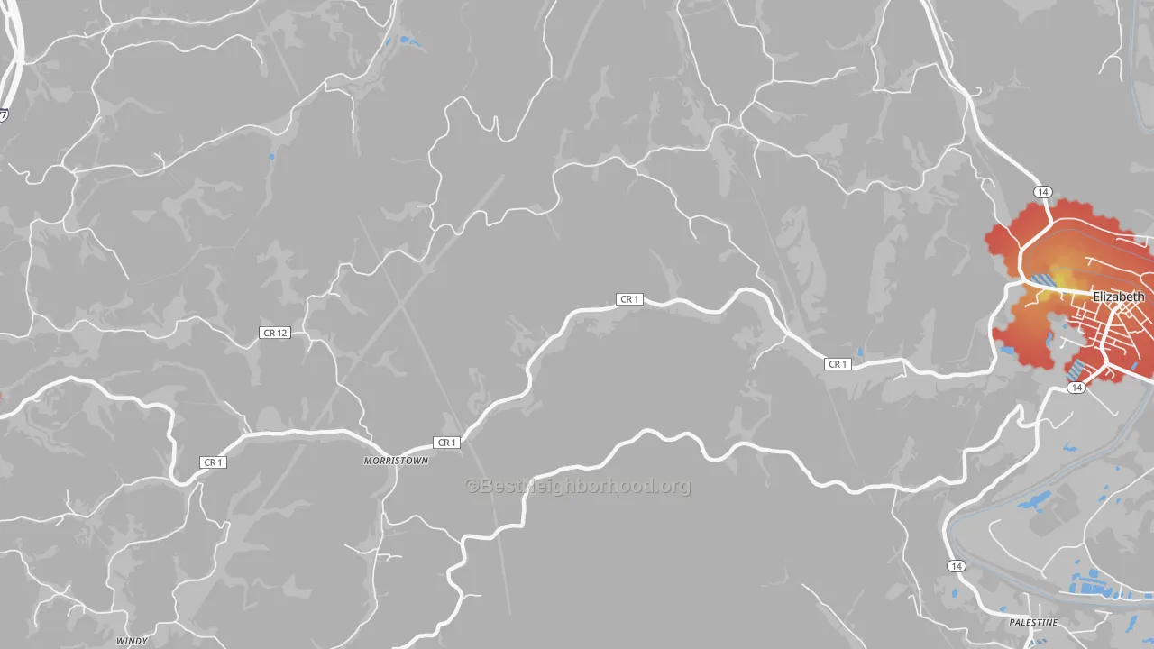 Walk Grade map of Morristown, WV, walkable areas in green and car-dependent areas in red