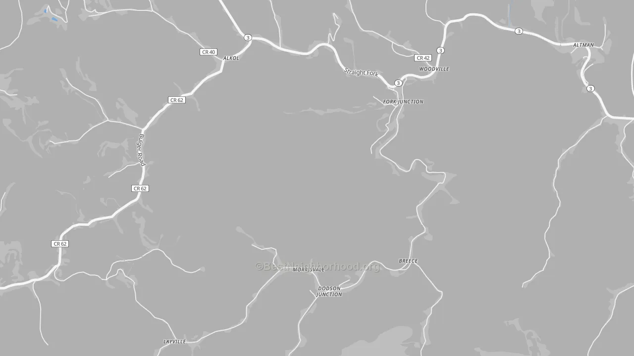 Walk Grade map of Morrisvale, WV, walkable areas in green and car-dependent areas in red