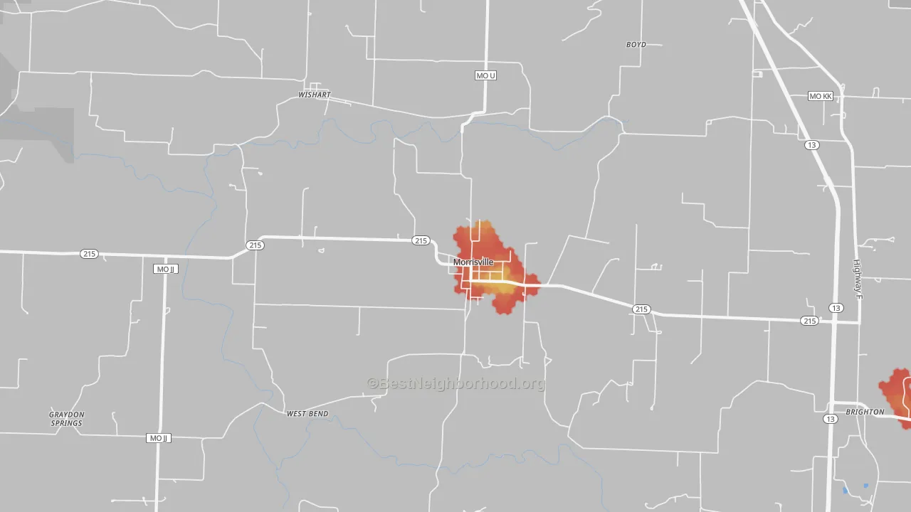 Walk Grade map of Morrisville, MO, walkable areas in green and car-dependent areas in red
