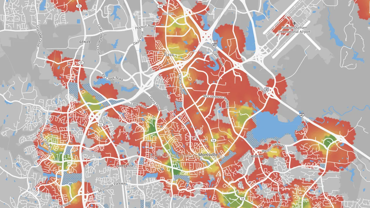 Walk Grade map of Morrisville, NC, walkable areas in green and car-dependent areas in red