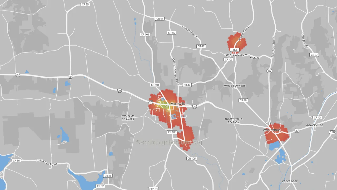 Walk Grade map of Morrisville, NY, walkable areas in green and car-dependent areas in red