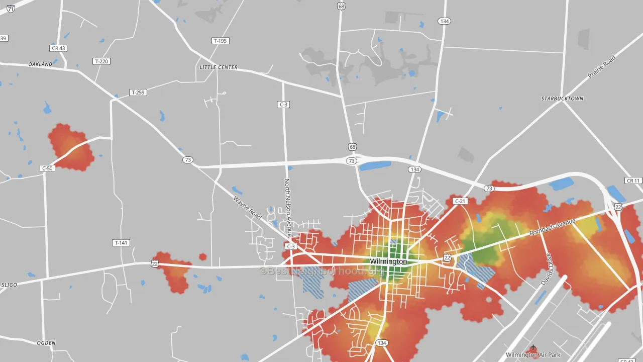 Walk Grade map of Morrisville, OH, walkable areas in green and car-dependent areas in red