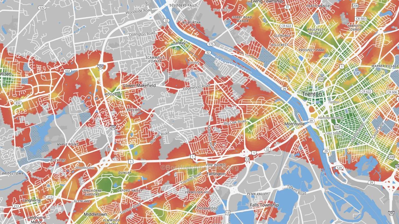 Walk Grade map of Morrisville, PA, walkable areas in green and car-dependent areas in red