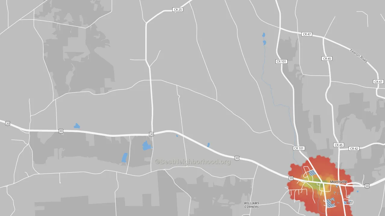 Walk Grade map of Morrisville Station, NY, walkable areas in green and car-dependent areas in red