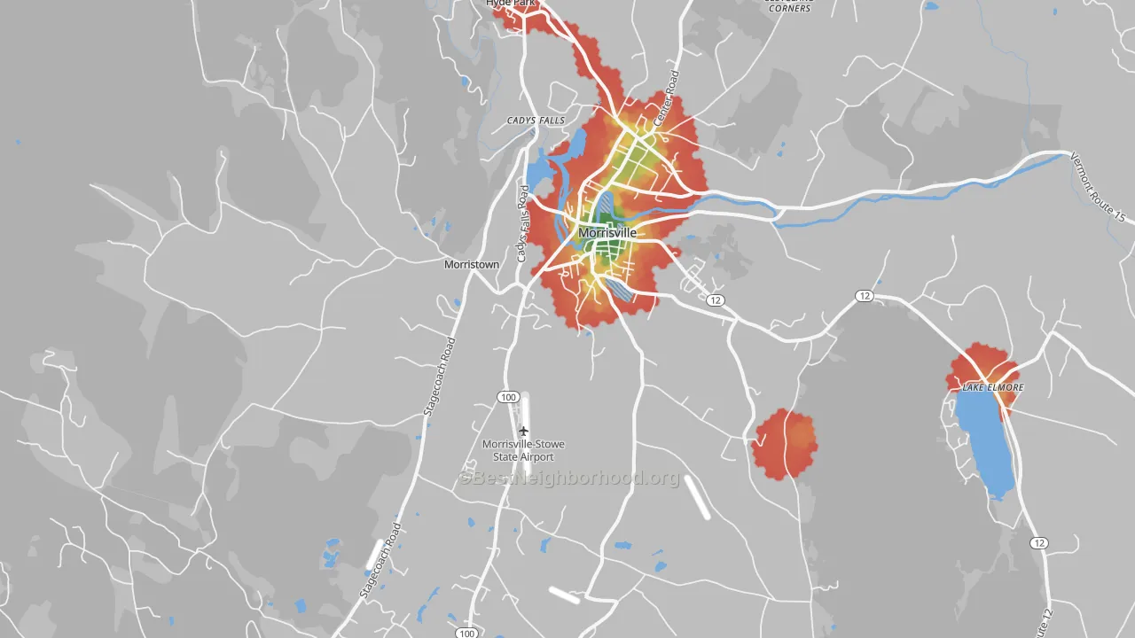 Walk Grade map of Morrisville, VT, walkable areas in green and car-dependent areas in red