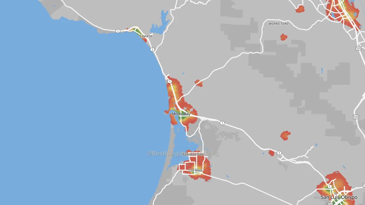 Walk Grade map of Morro Bay, CA, walkable areas in green and car-dependent areas in red